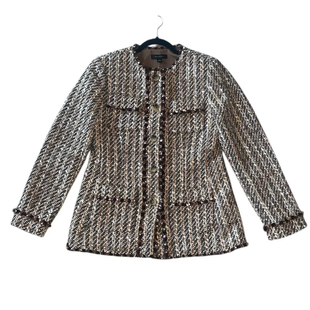 Ann Taylor Metallic Fringe Tweed Blazer Jacket Brown Size 4 NWT - Picture 7 of 12